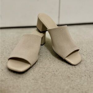 Quince Italian Leather and Eco Knit Heeled Mule Sandal in Bone